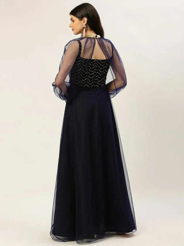 Bollywood Vogue Ready To Wear Blue Velvet Embroidered Dress With Cape - Image 3