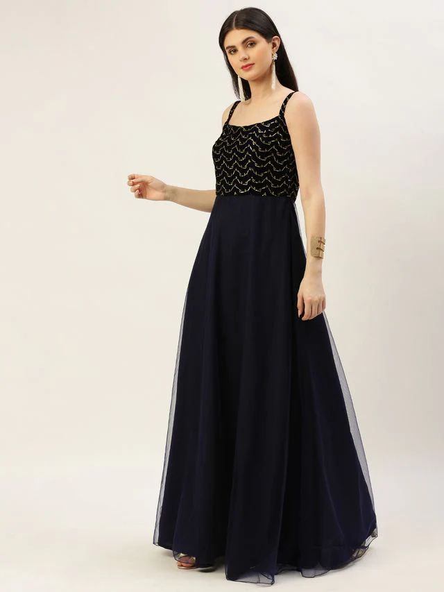 Bollywood Vogue Ready To Wear Blue Velvet Embroidered Dress With Cape - Image 4