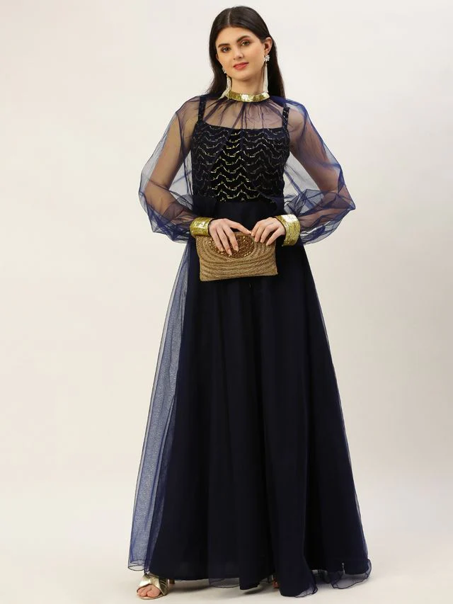 Bollywood Vogue Ready To Wear Blue Velvet Embroidered Dress With Cape - Image 5