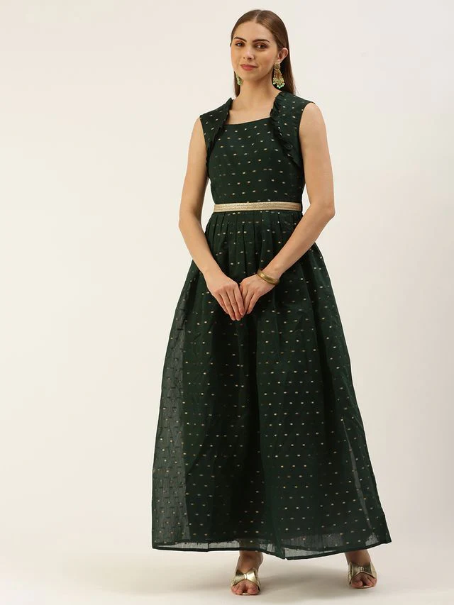 Bollywood Vogue Ready To Wear Teal Green Art Silk Cotton Jacquard Dress - Image 2