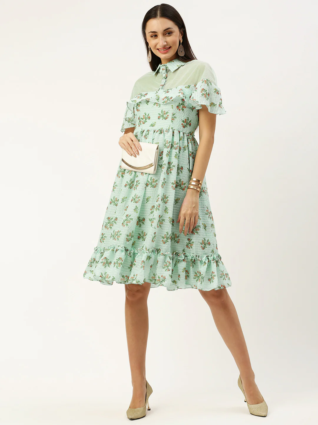 Bollywood Vogue Ready To Wear Mint Green Georgette Digital Printed Dress