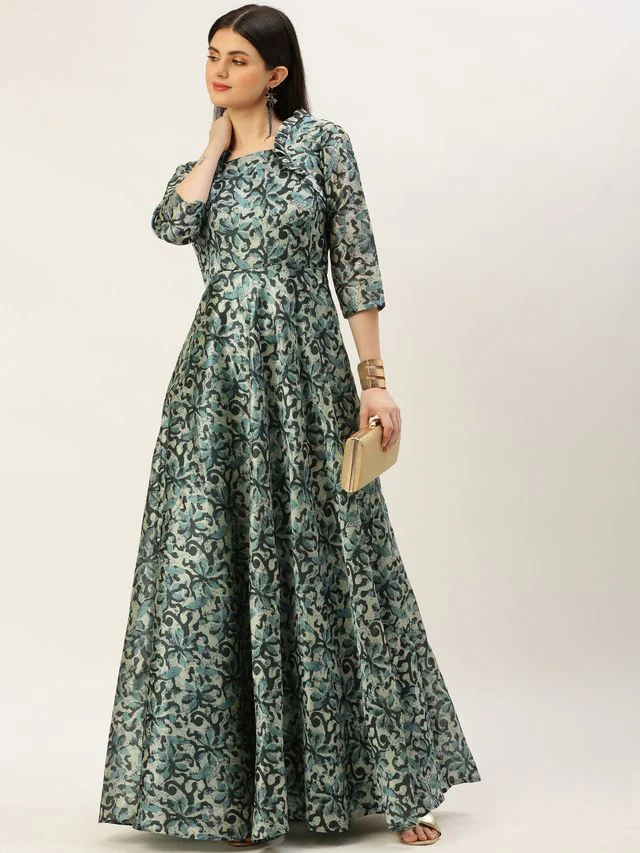 Bollywood Vogue Ready To Wear Sage Green Digital Printed Maxi Dress - Image 4