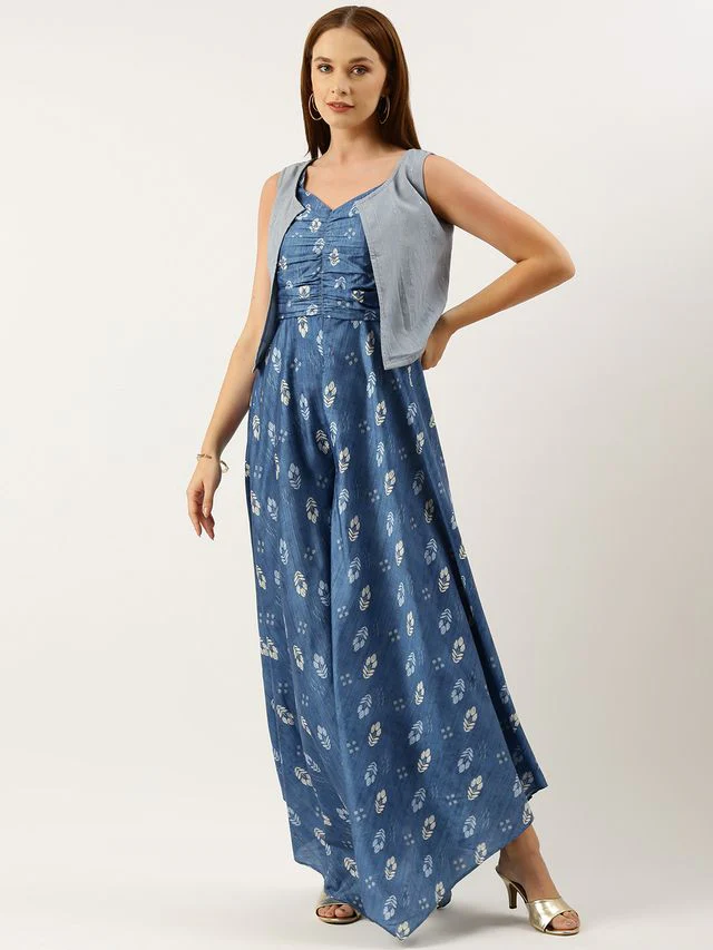 Bollywood Vogue Ready To Wear Blue Digital Printed Jacket Style Jumpsuit