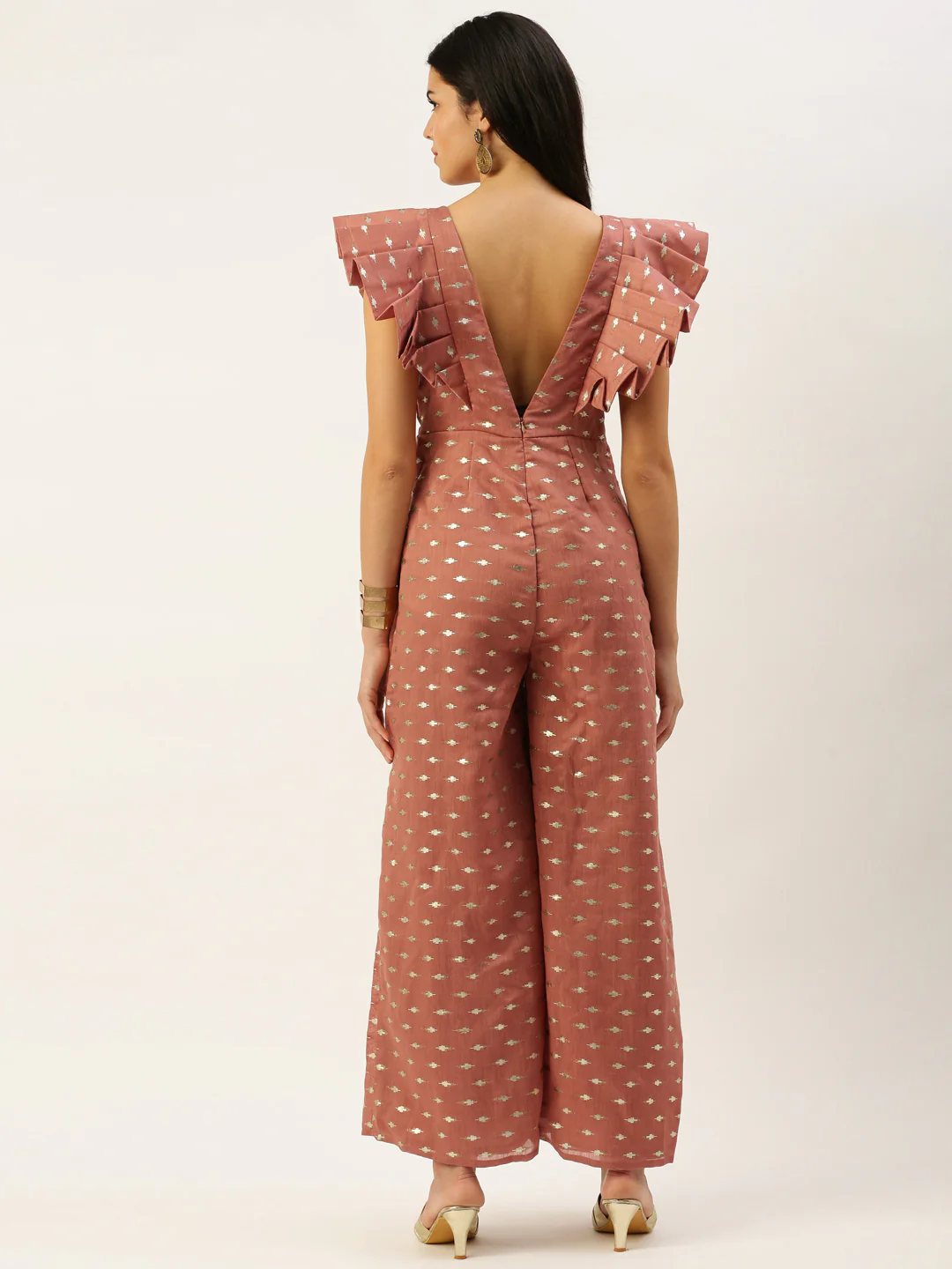 Bollywood Vogue Ready To Wear Peach Foil Printed Elaborated Sleeve Jumpsuit - Image 6