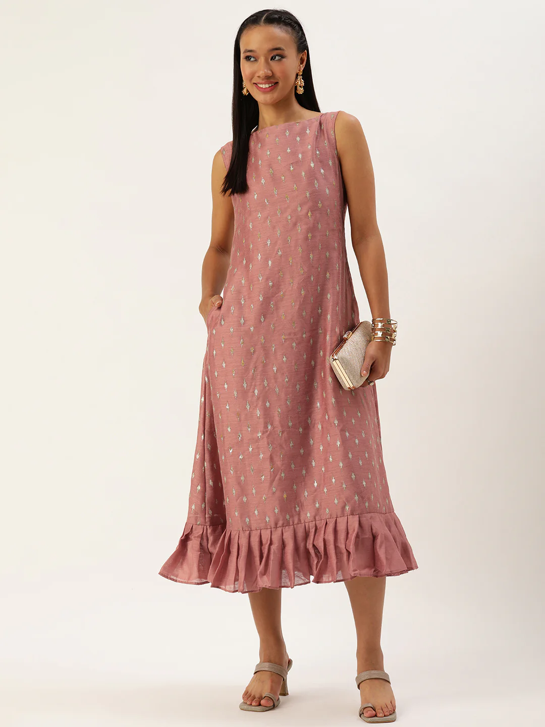 Bollywood Vogue Ready To Wear Peach Art Silk Foil Print Dress