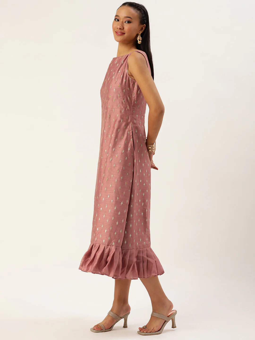 Bollywood Vogue Ready To Wear Peach Art Silk Foil Print Dress - Image 2