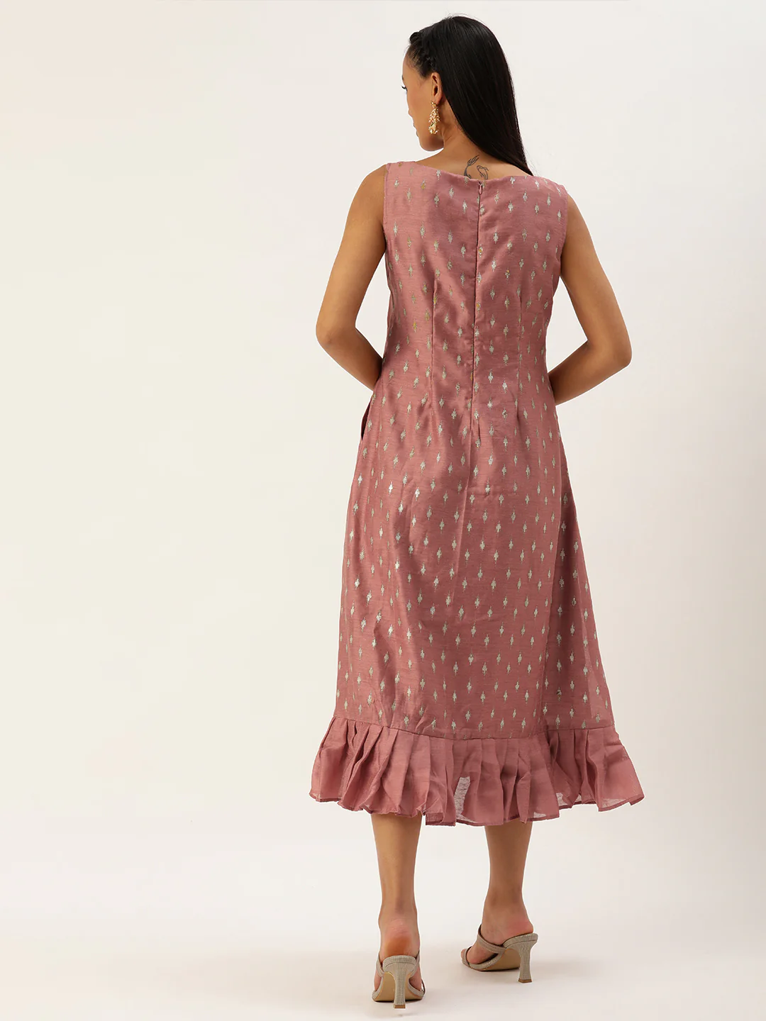 Bollywood Vogue Ready To Wear Peach Art Silk Foil Print Dress - Image 7
