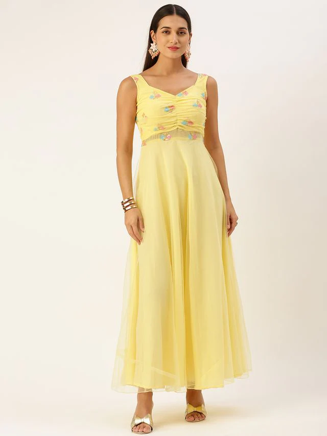 Bollywood Vogue Ready To Wear Yellow Georgette Embroidered Dress