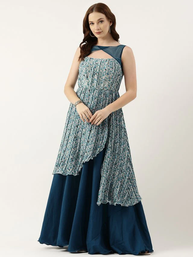 Bollywood Vogue Ready To Wear Cream N Blue Chinon Printed Maxi Dress