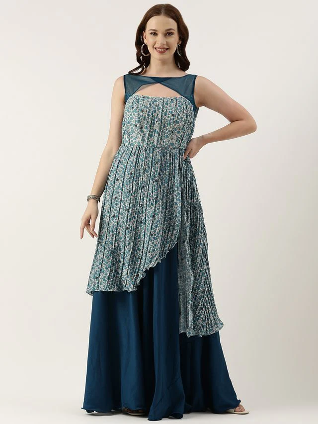 Bollywood Vogue Ready To Wear Cream N Blue Chinon Printed Maxi Dress - Image 3