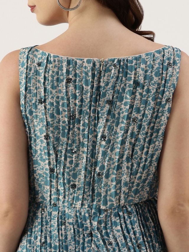 Bollywood Vogue Ready To Wear Cream N Blue Chinon Printed Maxi Dress - Image 6