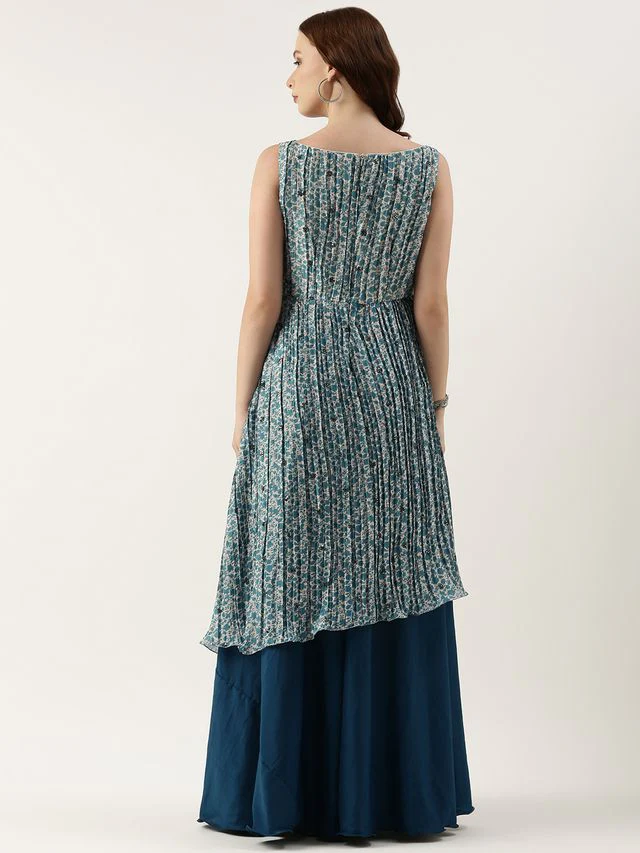Bollywood Vogue Ready To Wear Cream N Blue Chinon Printed Maxi Dress - Image 7