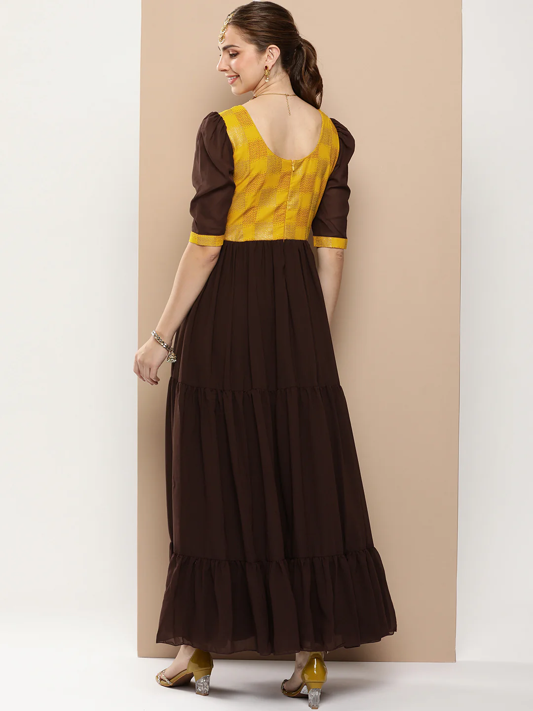 Bollywood Vogue Ready To Wear Yellow Rayon N Brown Georgette Gathers Dress - Image 5