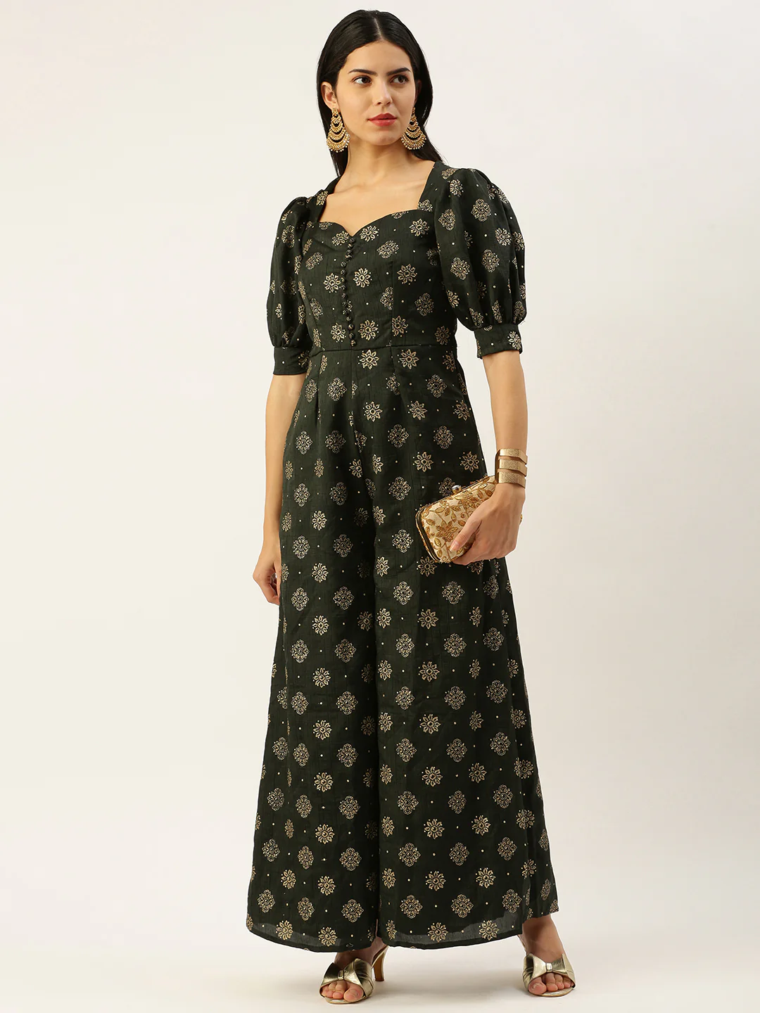 Bollywood Vogue Ready To Wear Green Art Silk Foil Print Jumpsuit