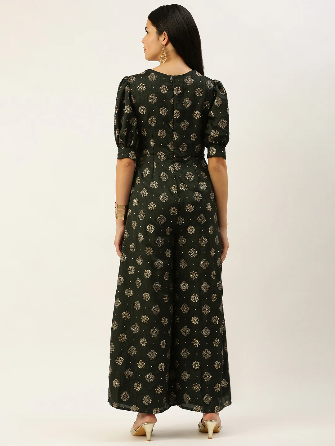 Bollywood Vogue Ready To Wear Green Art Silk Foil Print Jumpsuit - Image 5