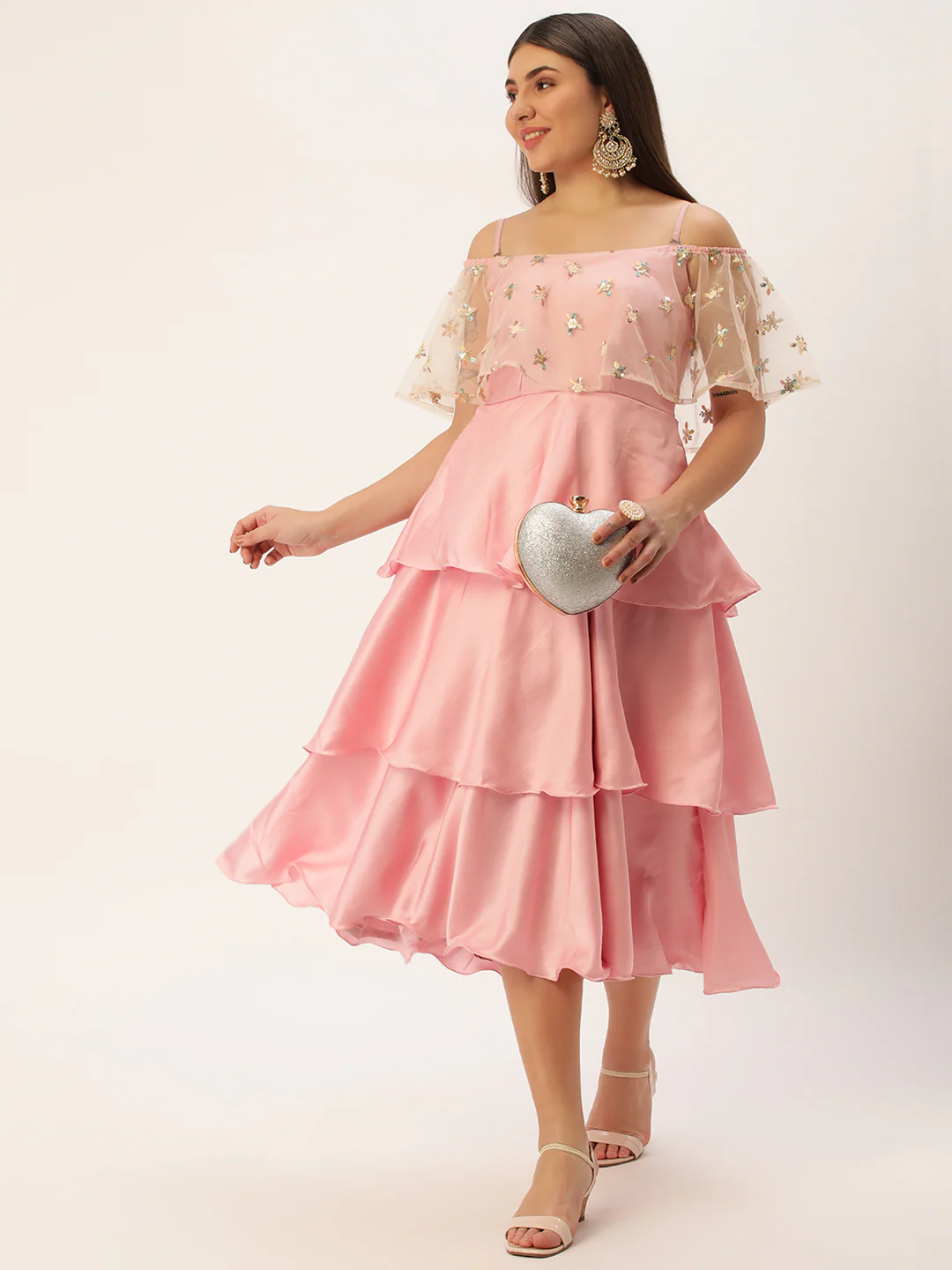 Bollywood Vogue Ready To Wear White Embroidered Net N Pink Satin Dress - Image 3