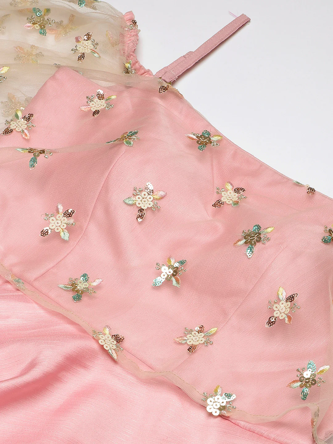 Bollywood Vogue Ready To Wear White Embroidered Net N Pink Satin Dress - Image 4