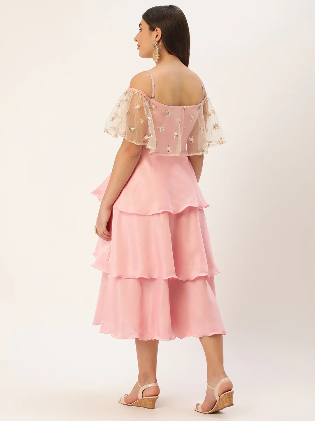 Bollywood Vogue Ready To Wear White Embroidered Net N Pink Satin Dress - Image 5