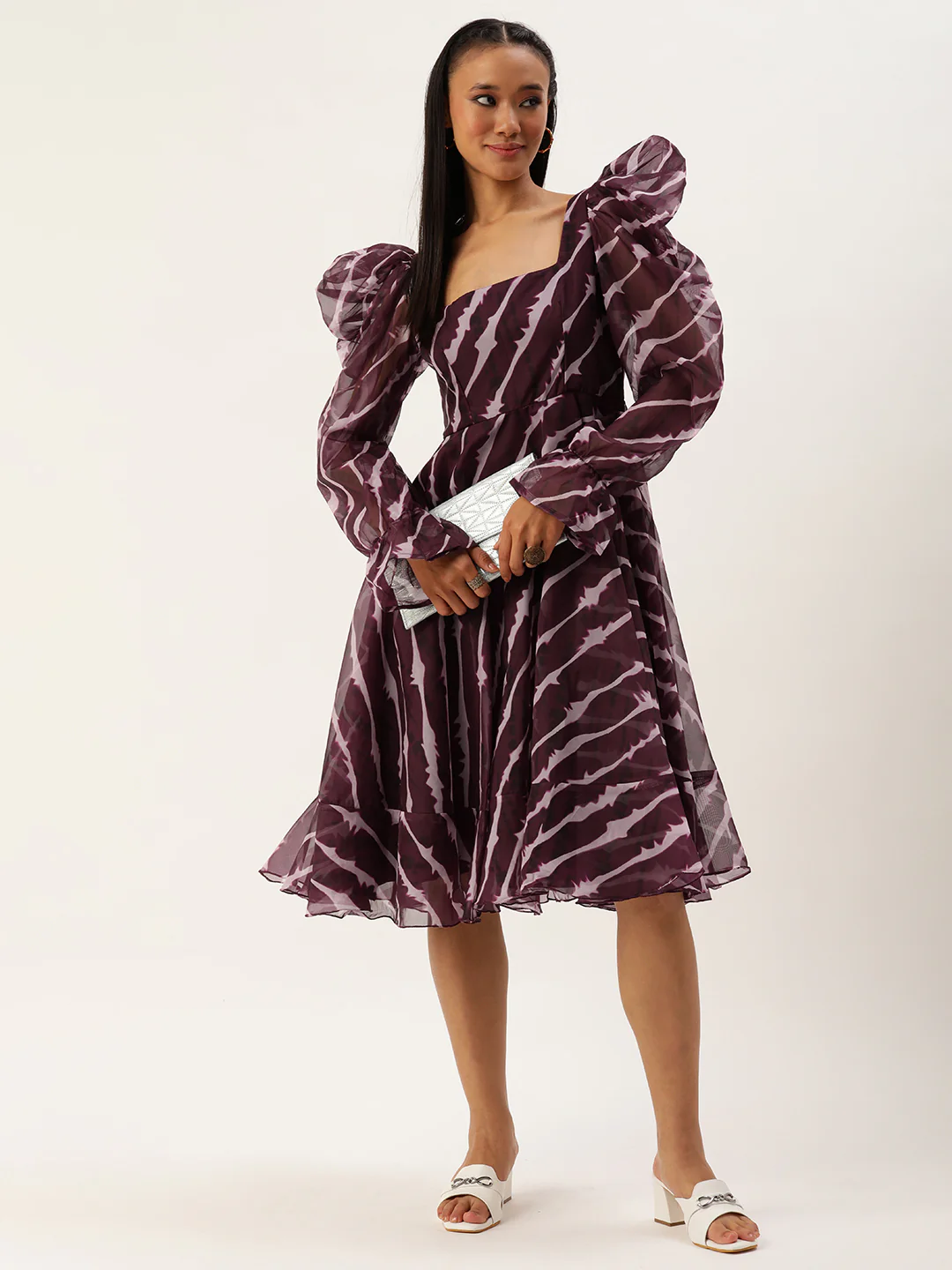 Bollywood Vogue Ready To Wear Wine Digital Printed Organza Dress