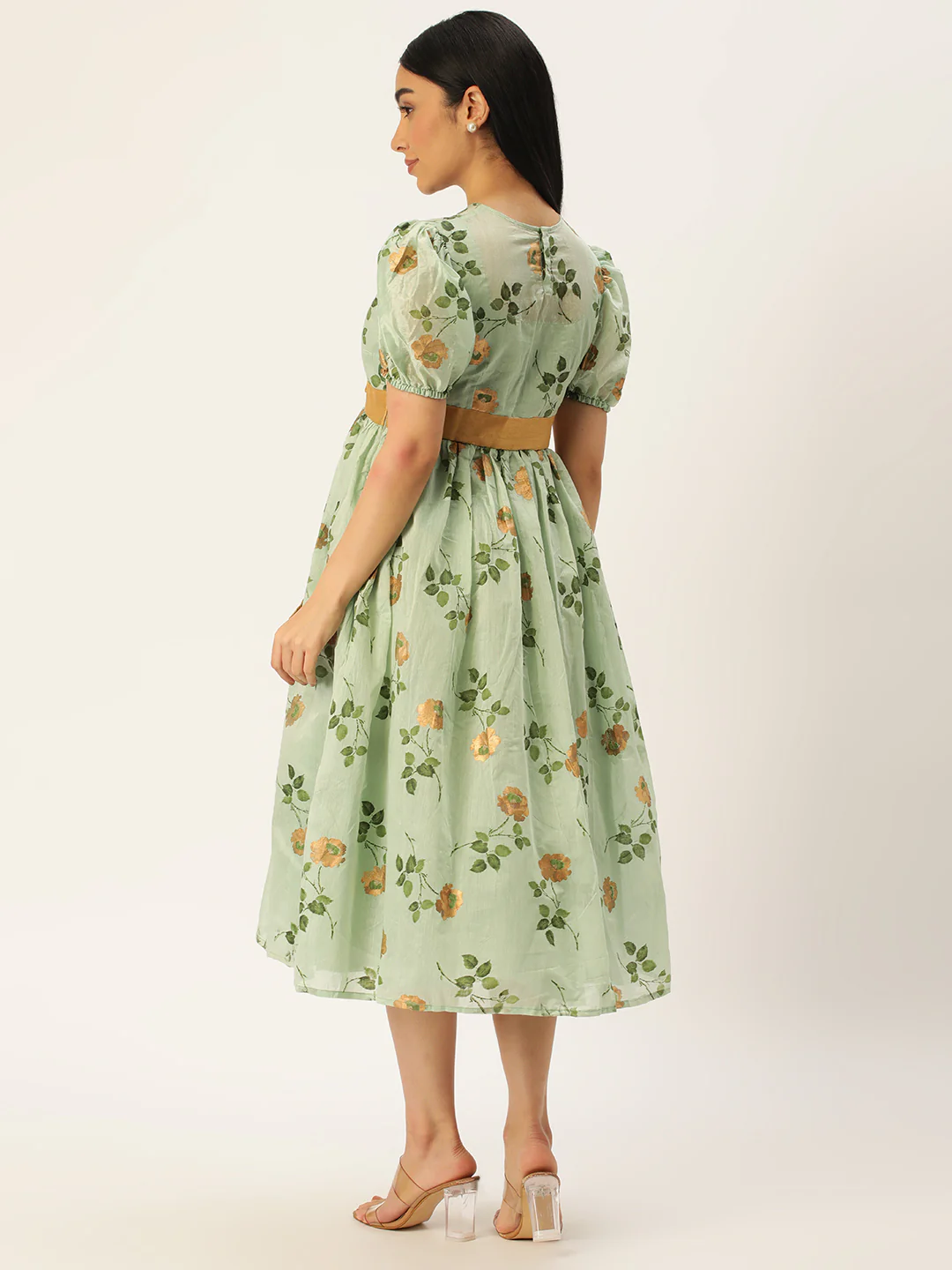 Bollywood Vogue Ready To Wear Green Chanderi Silk Puff Sleeve Dress - Image 5