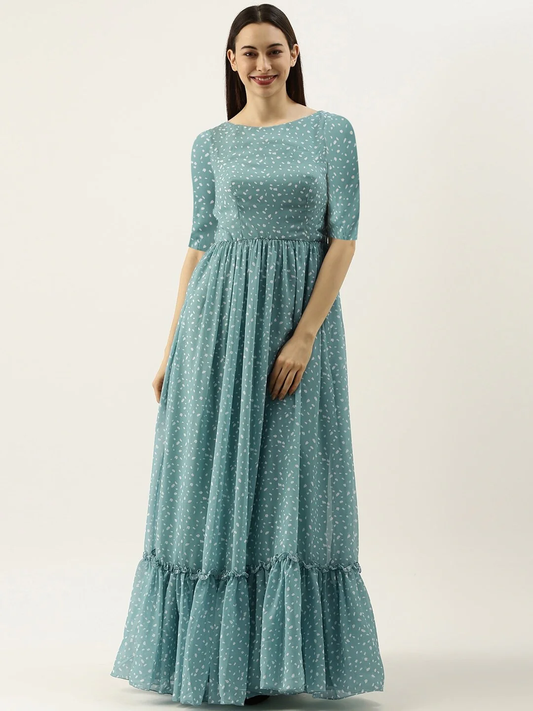 Bollywood Vogue Ready To Wear Blue N White Digital Printed Georgette Tiered Dress