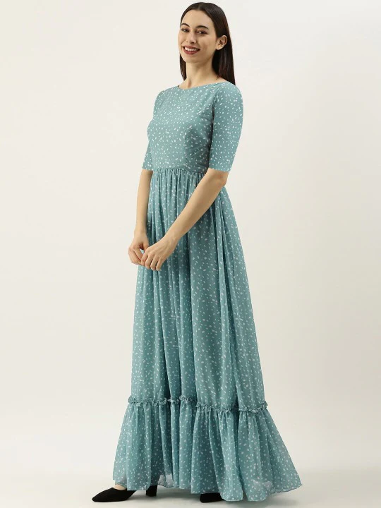 Bollywood Vogue Ready To Wear Blue N White Digital Printed Georgette Tiered Dress - Image 2