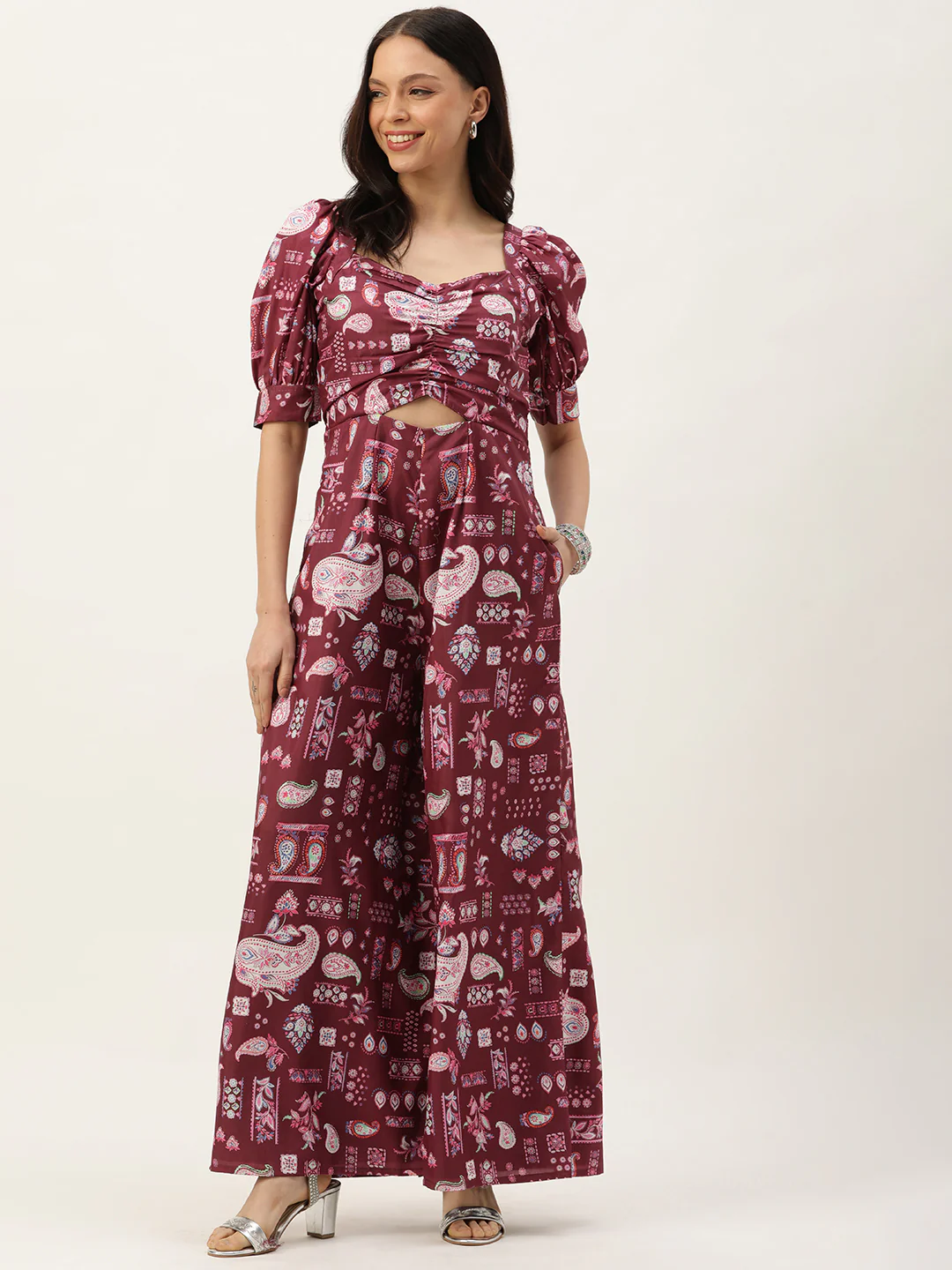 Bollywood Vogue Ready To Wear Maroon Digital Printed Kota Silk Jumpsuits