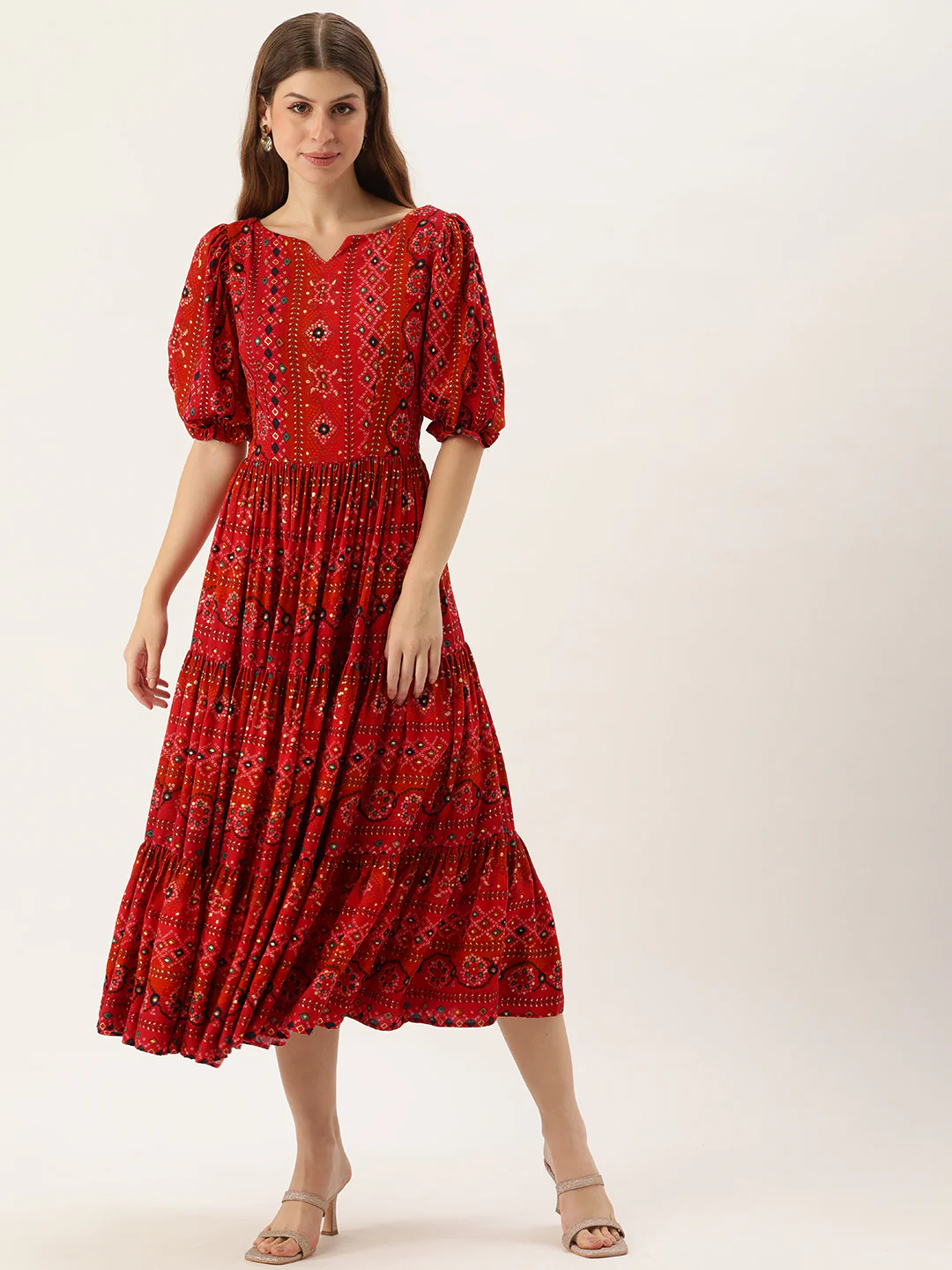 Bollywood Vogue Ready To Wear Red Printed Viscose Fabric Dress