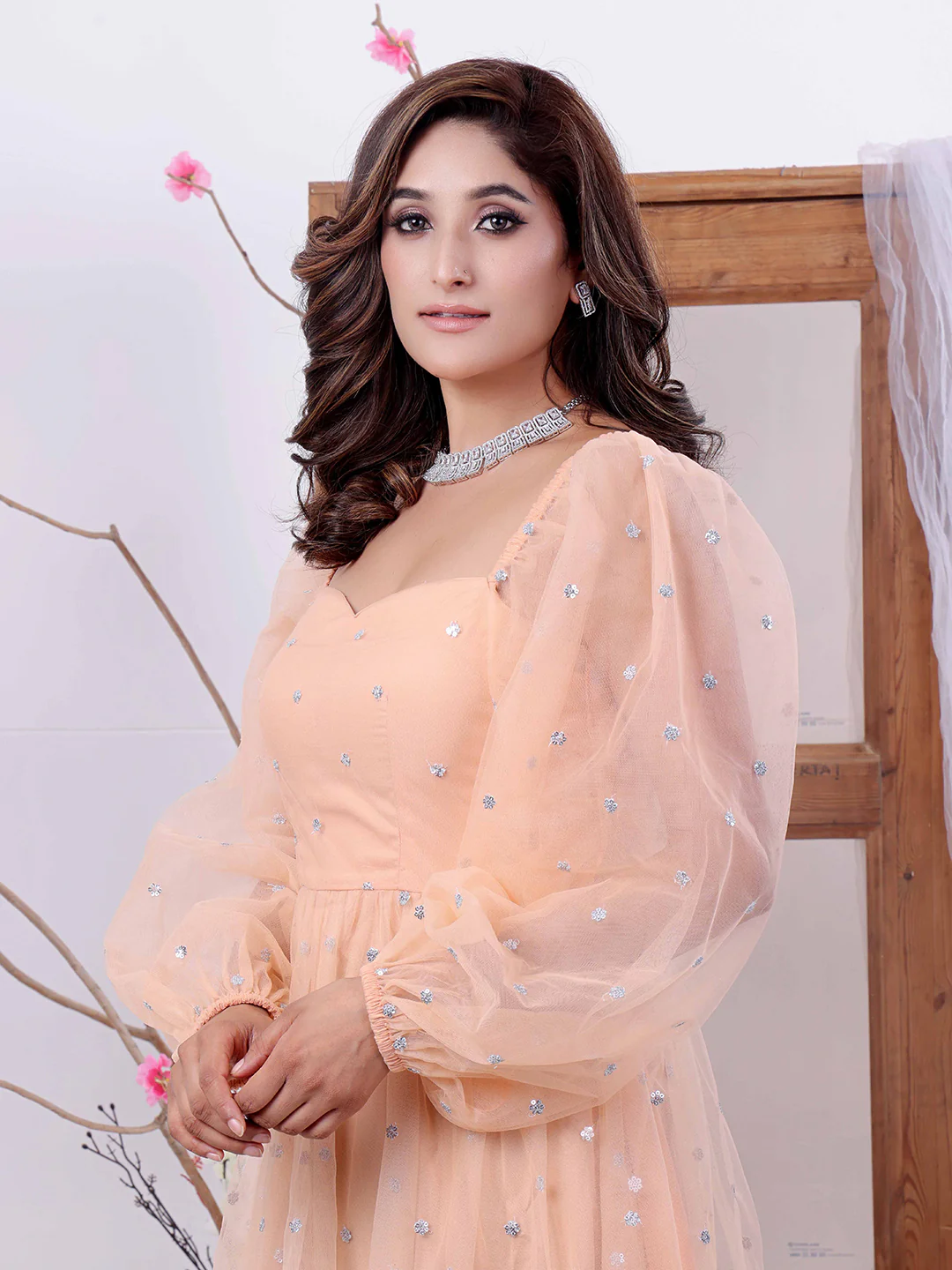 Bollywood Vogue Ready To Wear Peach Embroidered Net Dress - Image 4