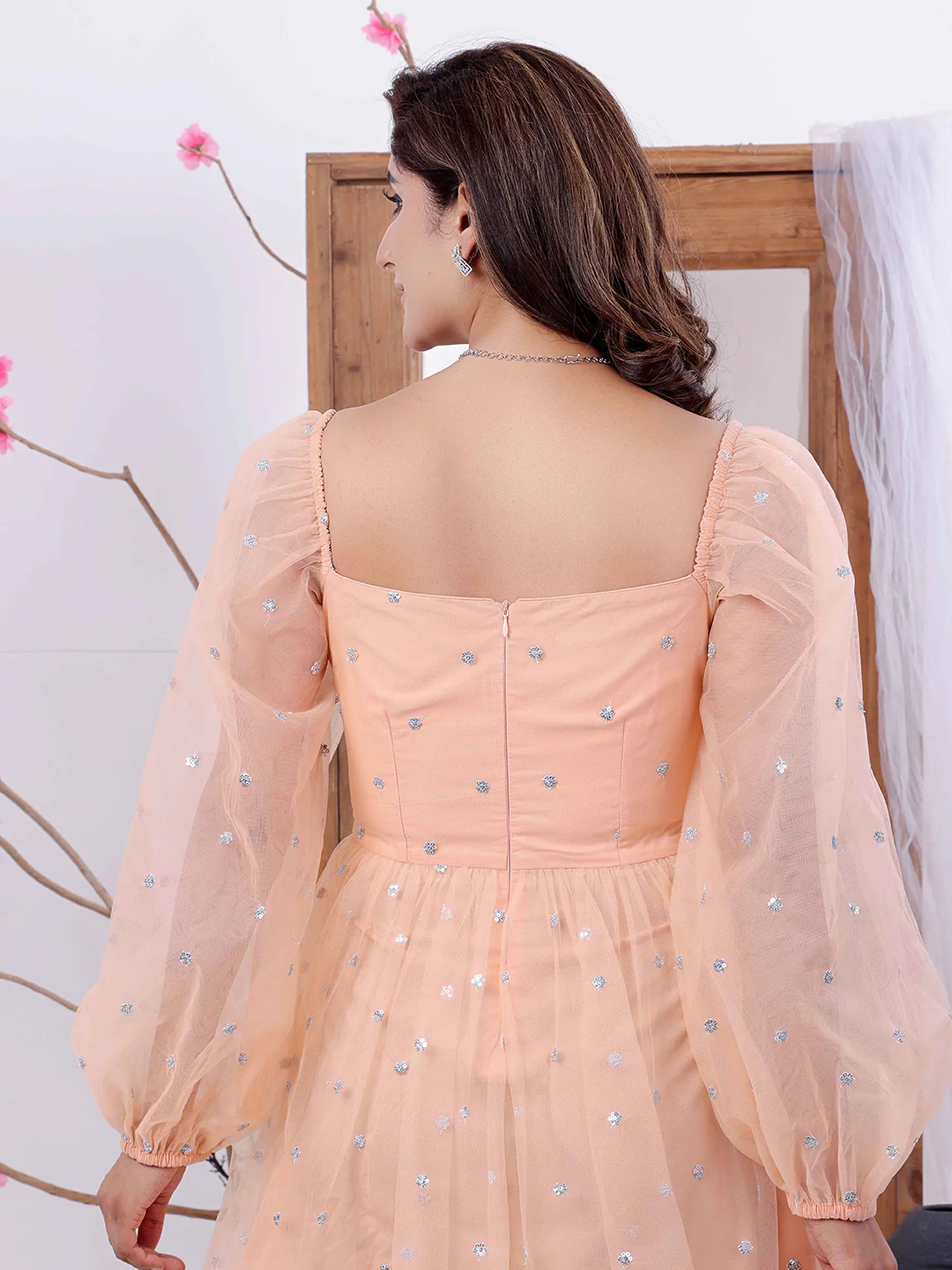 Bollywood Vogue Ready To Wear Peach Embroidered Net Dress - Image 5