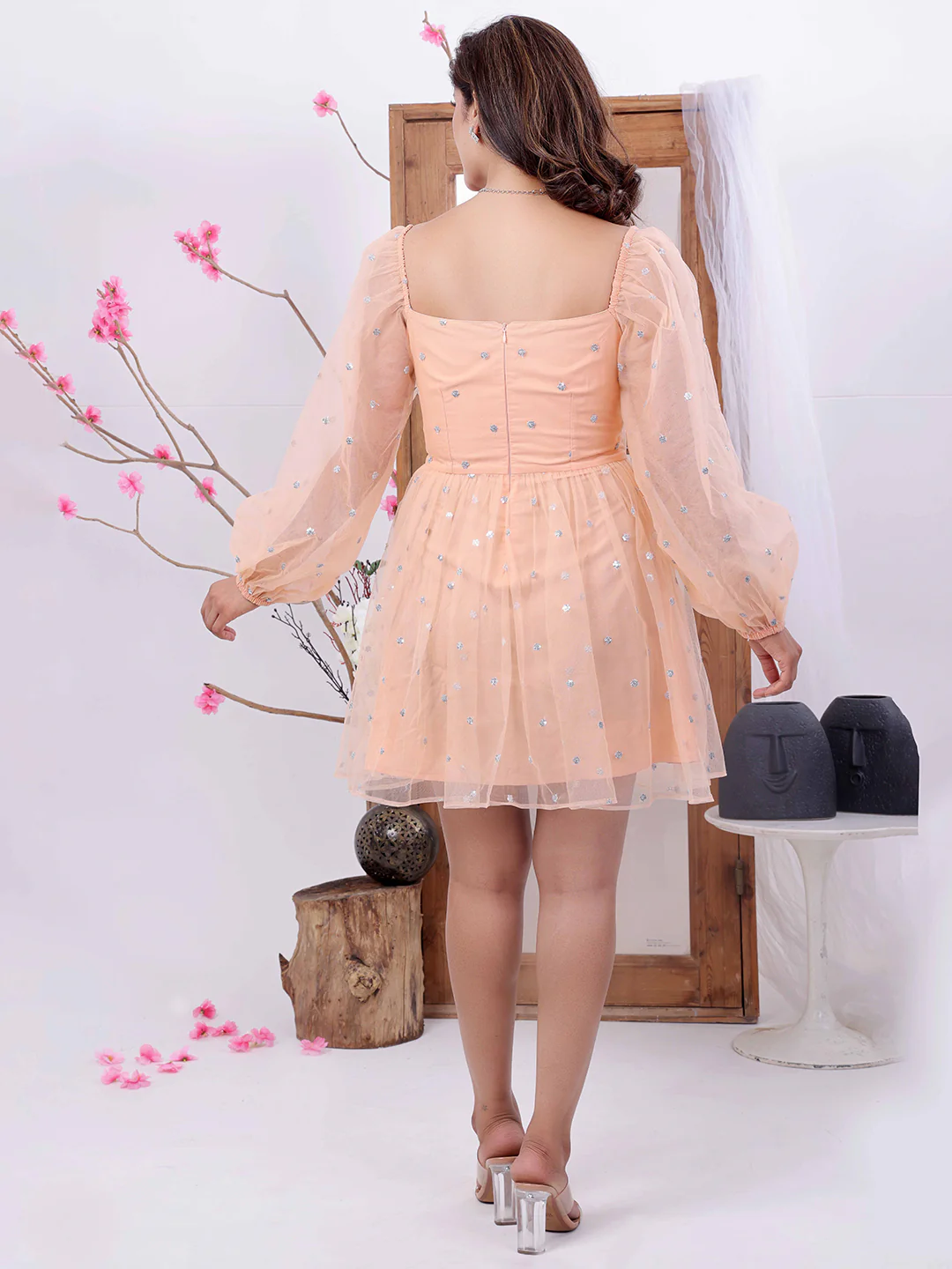 Bollywood Vogue Ready To Wear Peach Embroidered Net Dress - Image 6