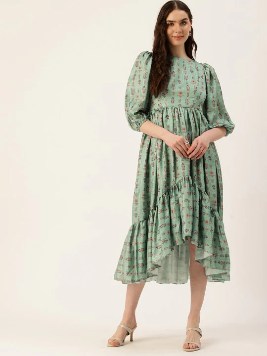 Bollywood Vogue Ready To Wear Green Art Silk Digital Print High N Low Dress - Image 2