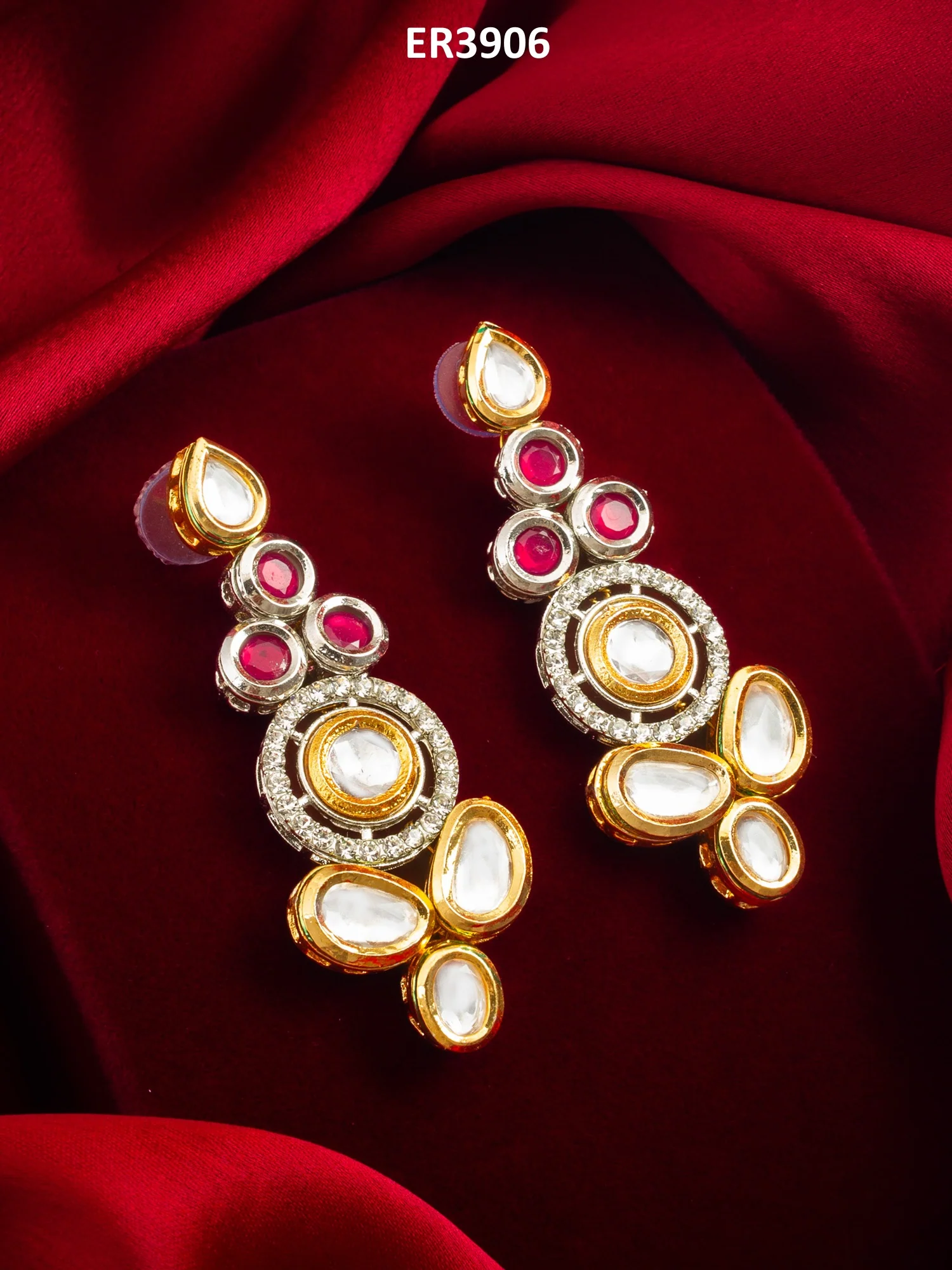 Dual-Tone Ruby Red and Kundan Studded Traditional Dangler Earrings - Image 5