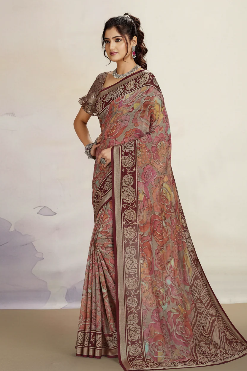 Elegant Floral Printed Synthetic Brasso Saree with Designer Border - Image 4
