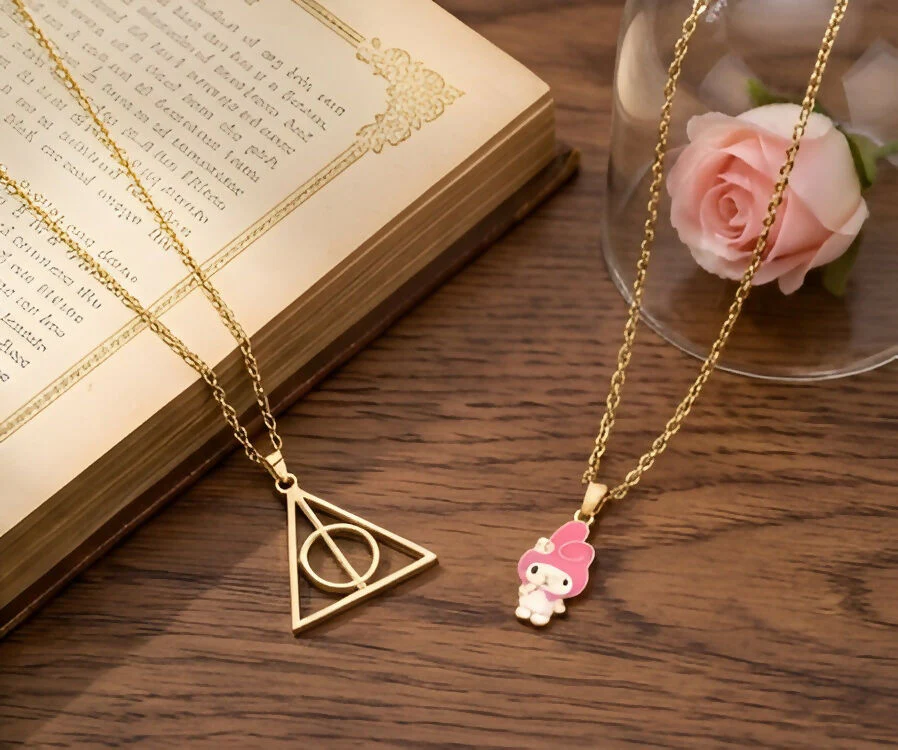 Elegant Gold Pendant Necklace Set – Triangle Symbol & Cute Character Charm (Set of 2) - Image 2