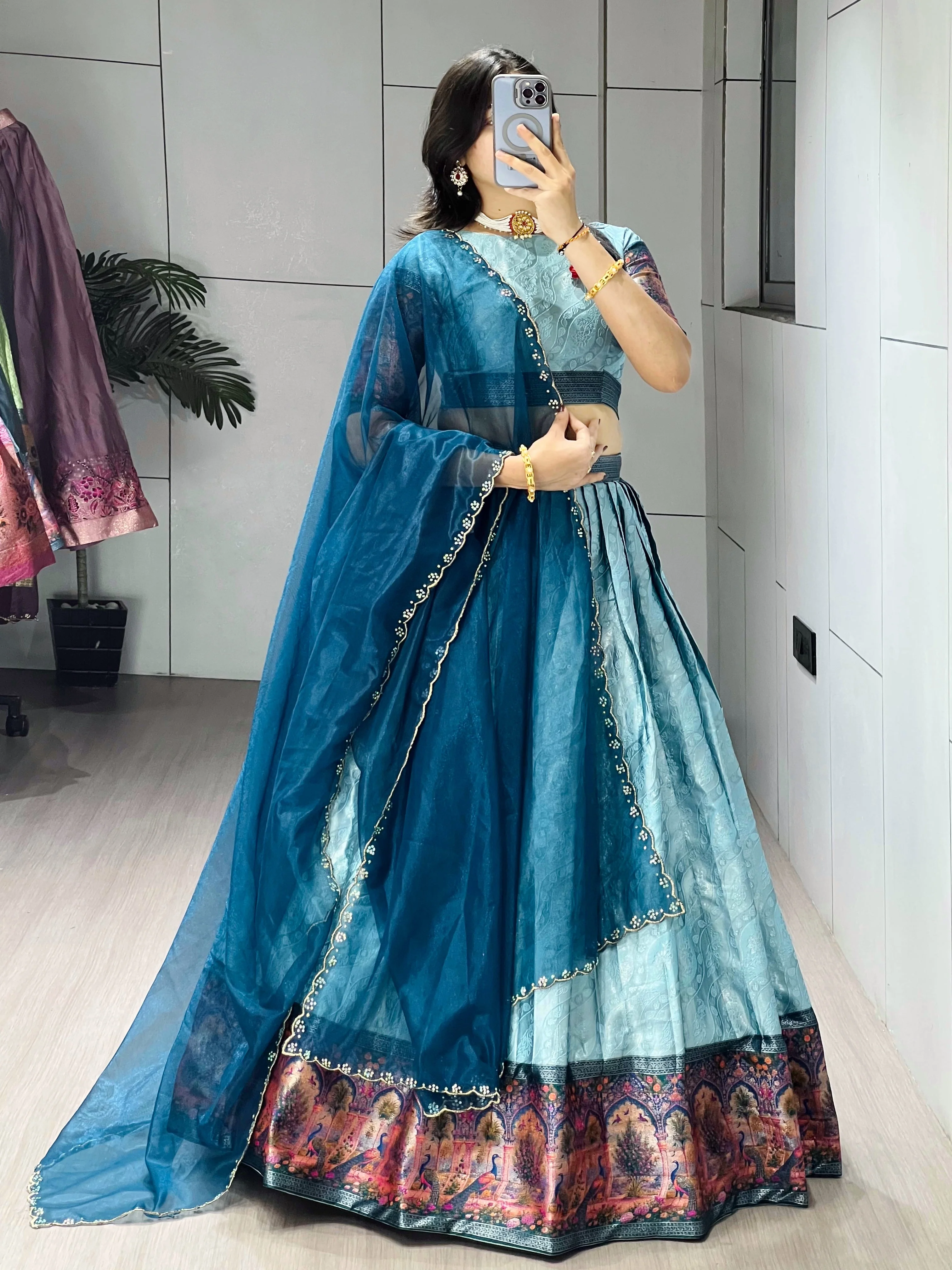 Elegant Peacock Border Sky Silk Lehenga Choli Set - Image 3