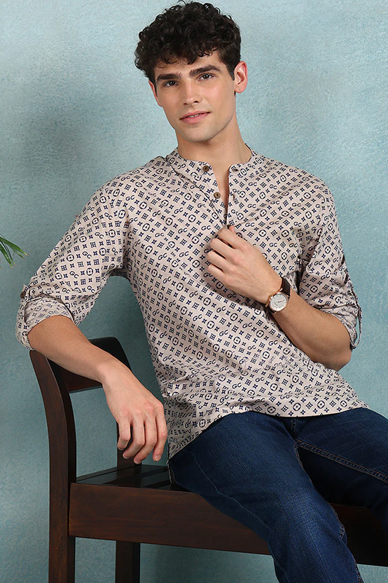 Ethnic Bay Beige Cotton Geometric Printed Straight Short Kurta For Men - Image 4