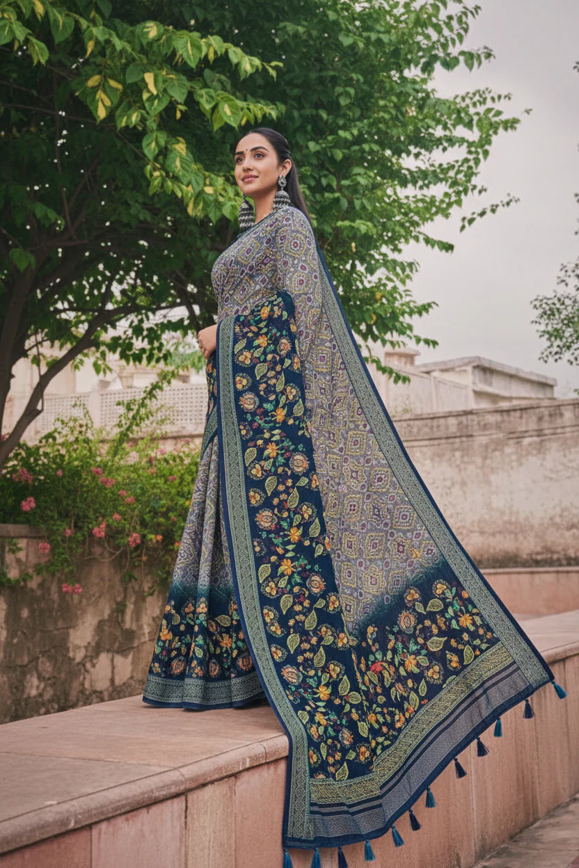 Ethnic Linen Cotton Saree with Bandhani Body and Floral Pallu - Image 2