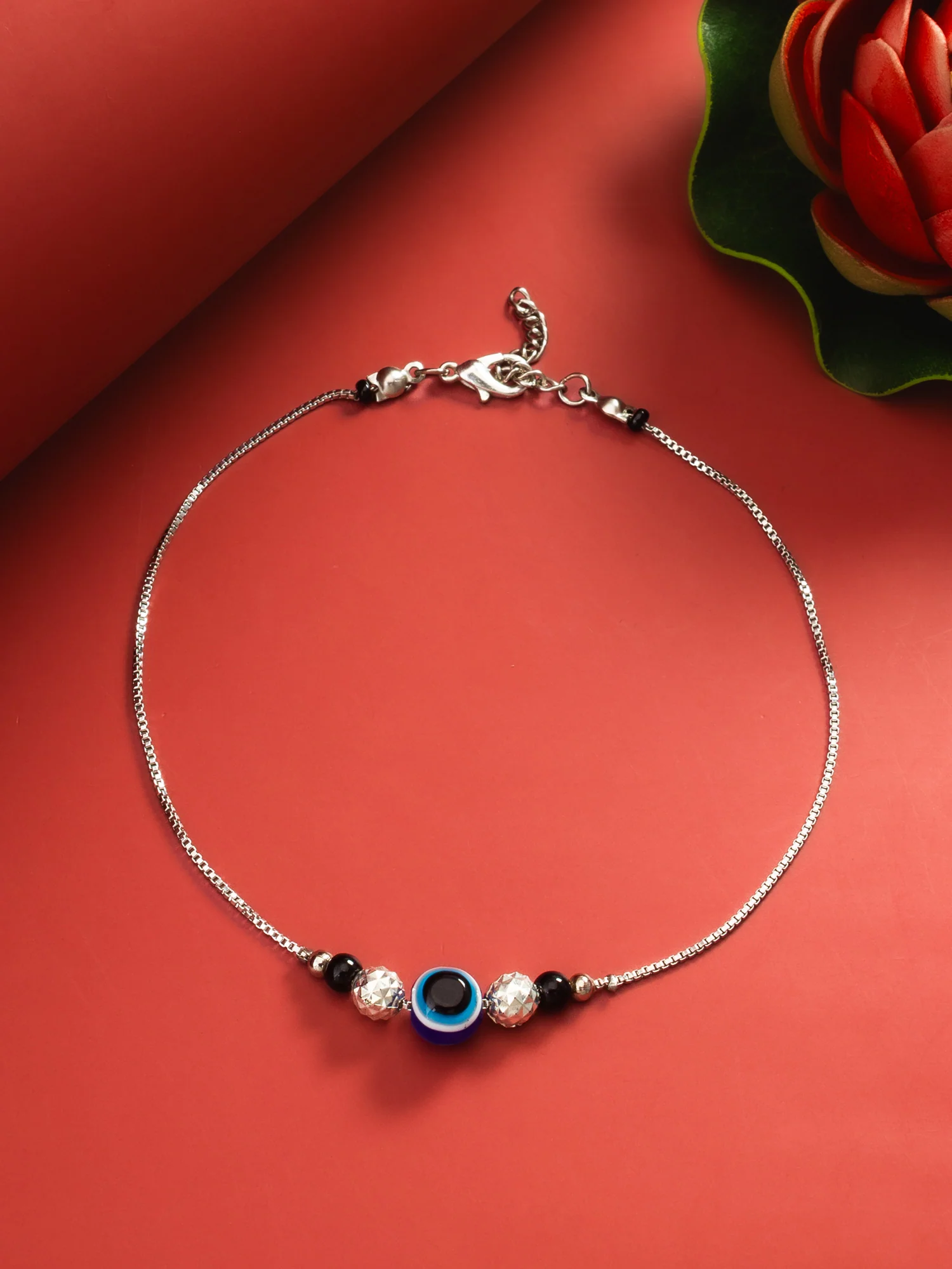 Evil Eye Textured Silver Bead Anklet - Image 3