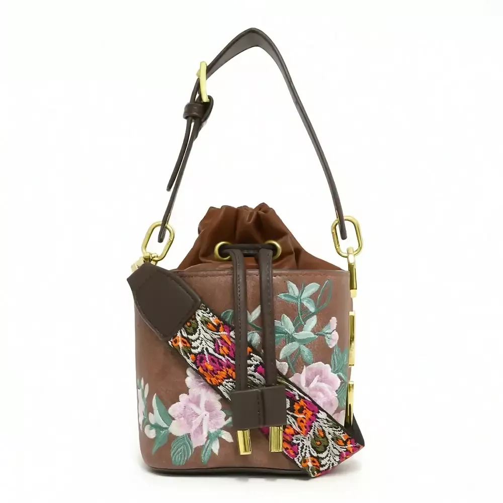 Floral Embroidered Charcoal Bucket Bag with Drawstring Closure - Image 5
