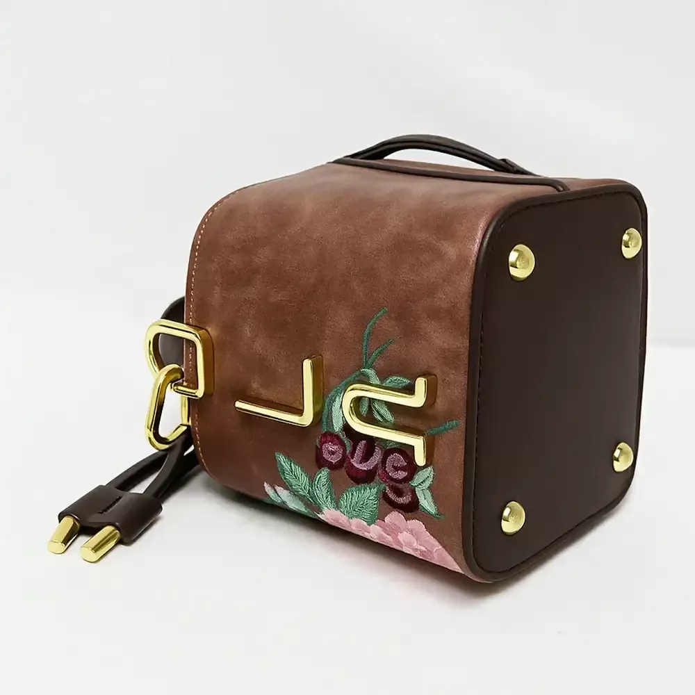 Floral Embroidered Charcoal Bucket Bag with Drawstring Closure - Image 6