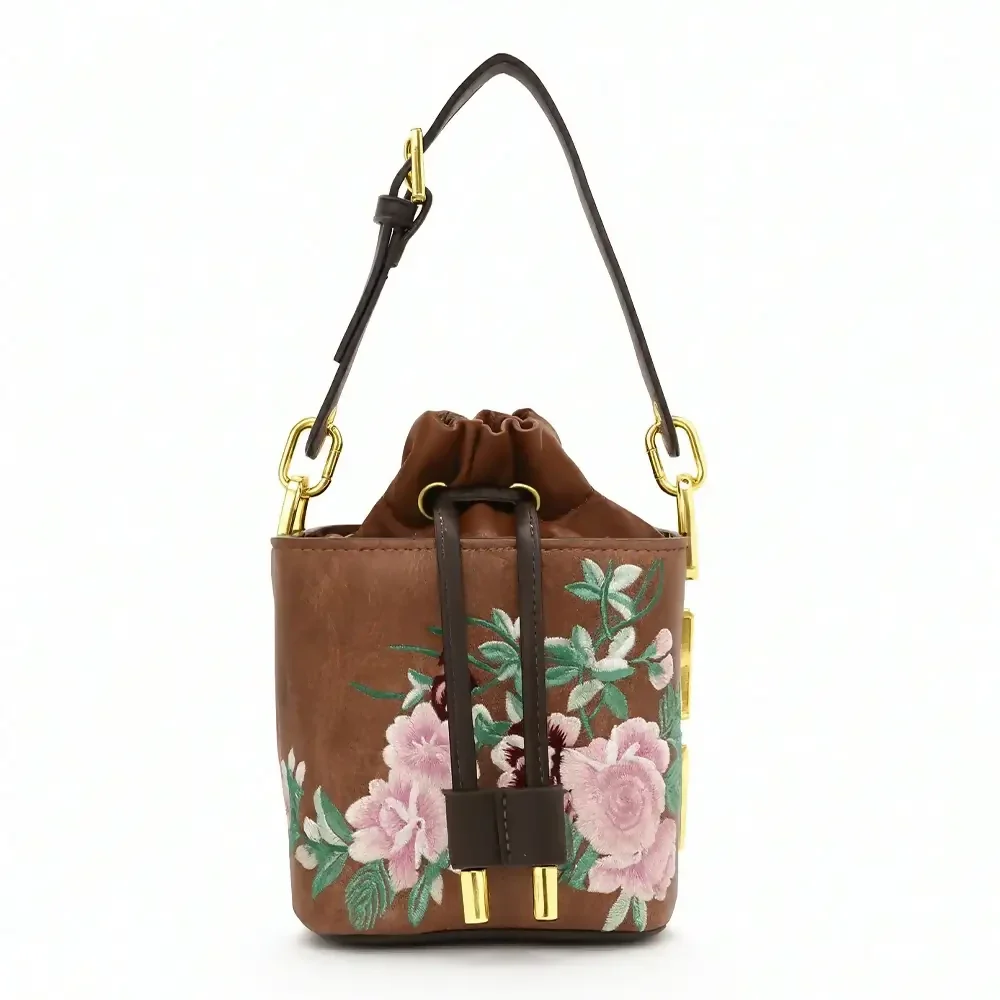 Floral Embroidered Charcoal Bucket Bag with Drawstring Closure - Image 8