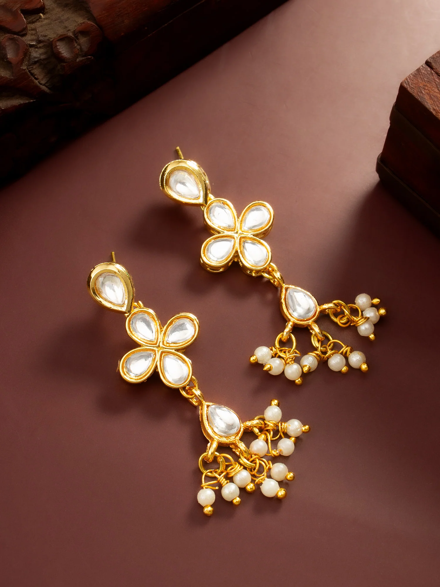 Floral Kundan Dangler Earrings with Pearl Accents - Image 5