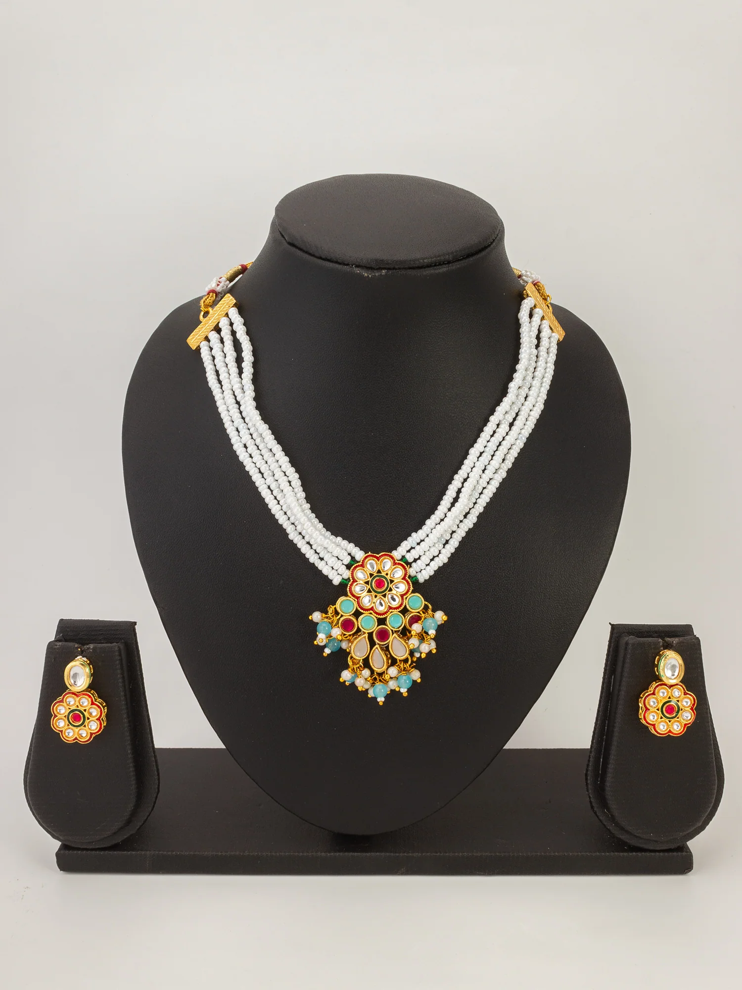 Floral Kundan Pearl Multicolour Necklace Set - Image 4