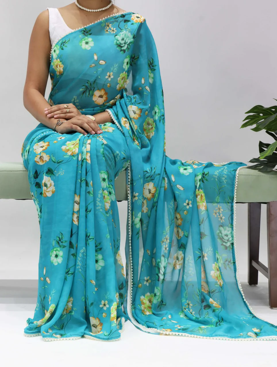 Floral Printed Saree With Pearl Lace Border - Image 8