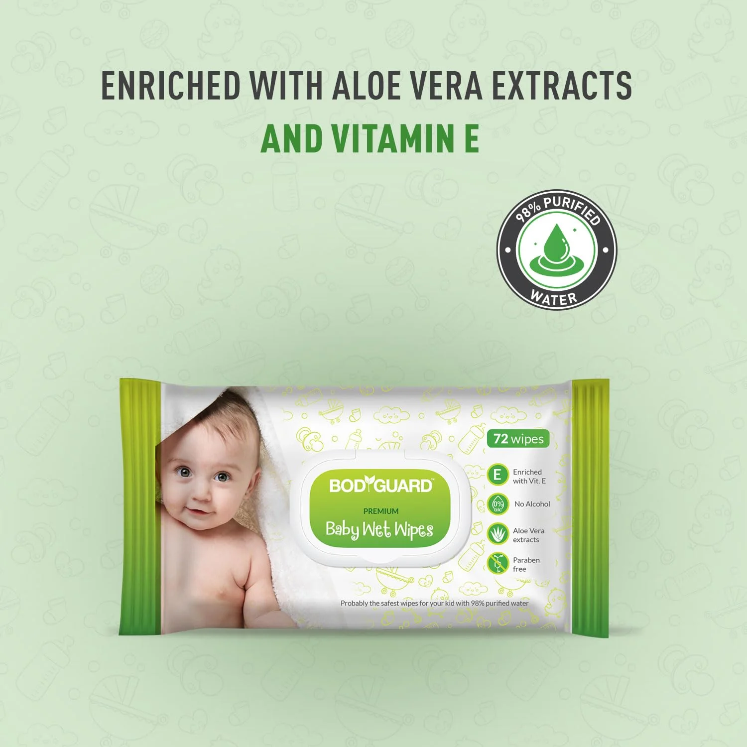 BodyGuard Premium Paraben Free Baby Wet Wipes with Aloe Vera - 72 Wipes (1 Pack, 72 each) - Image 2