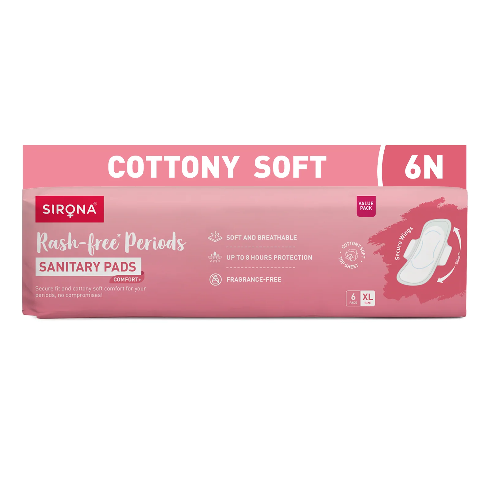 Sirona Comfort+ Sanitary Pads| XL Size | Rash-Free Cottony Soft Comfort | 8 Hours Protection | Pack of 12