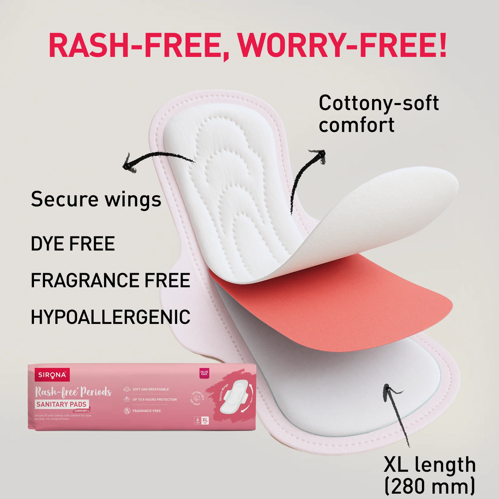 Sirona Comfort+ Sanitary Pads| XL Size | Rash-Free Cottony Soft Comfort | 8 Hours Protection | Pack of 12 - Image 5