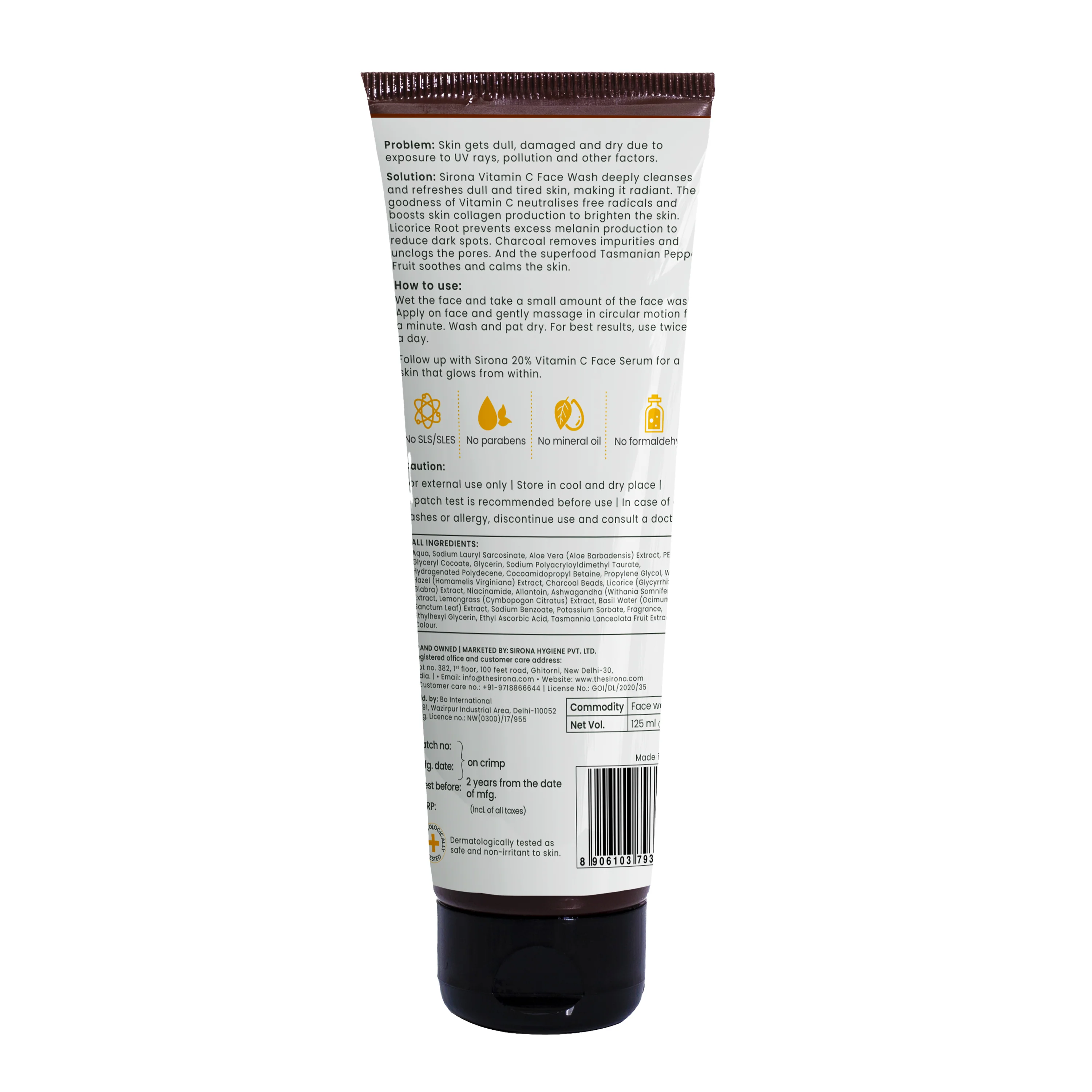 Sirona Vitamin C Face Wash for Men & Women 125 ml with Charcoal Licorice Root & Tasmanian Pepper Fruit - Image 9