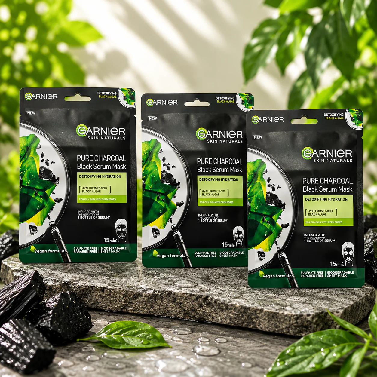 GARNIER Skin Naturals, Charcoal, Face Serum Sheet Mask, Purifying and Hydrating each 28 g (Pack of 4) - Image 2